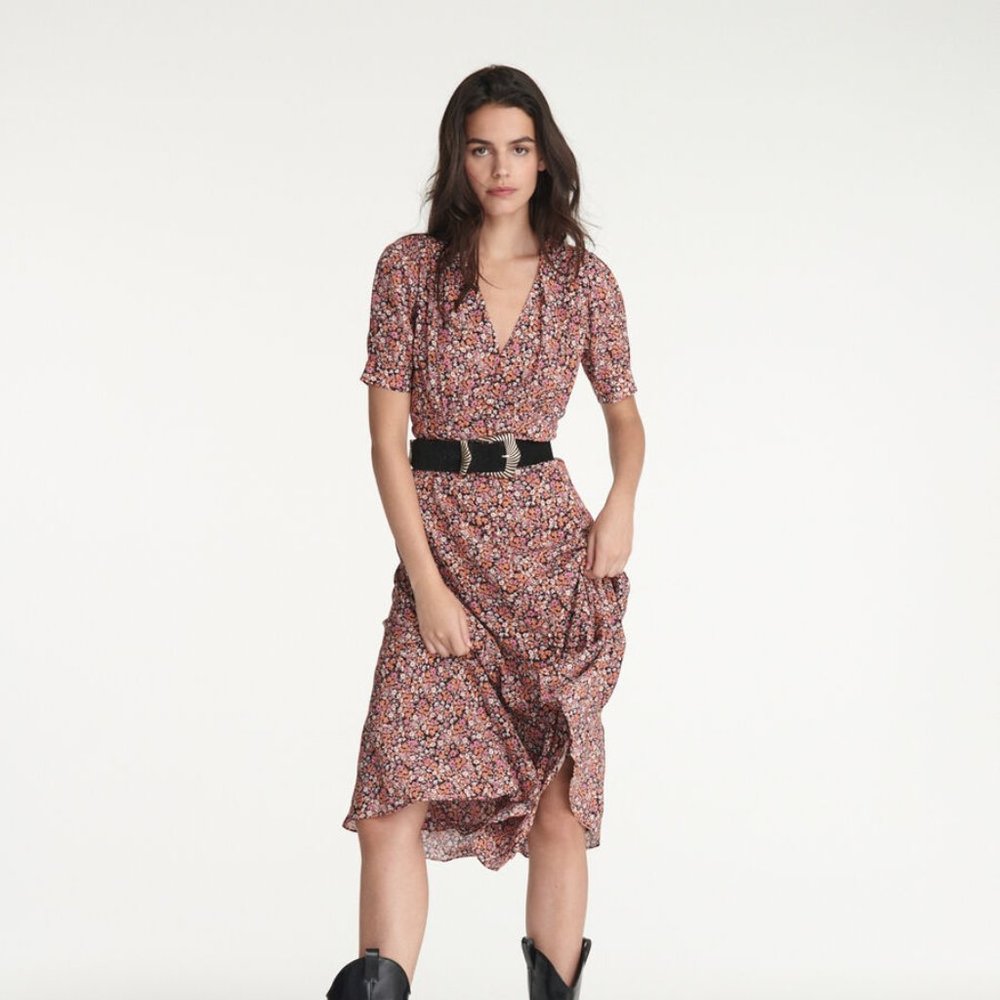 The Kooples Long Floral Dress With Covered Buttons, short sleeve size 3 / large